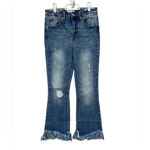 Tricot Denim Crop Fray Hem, Size 5/26, Medium-Light Wash, Distressed, Mid Rise